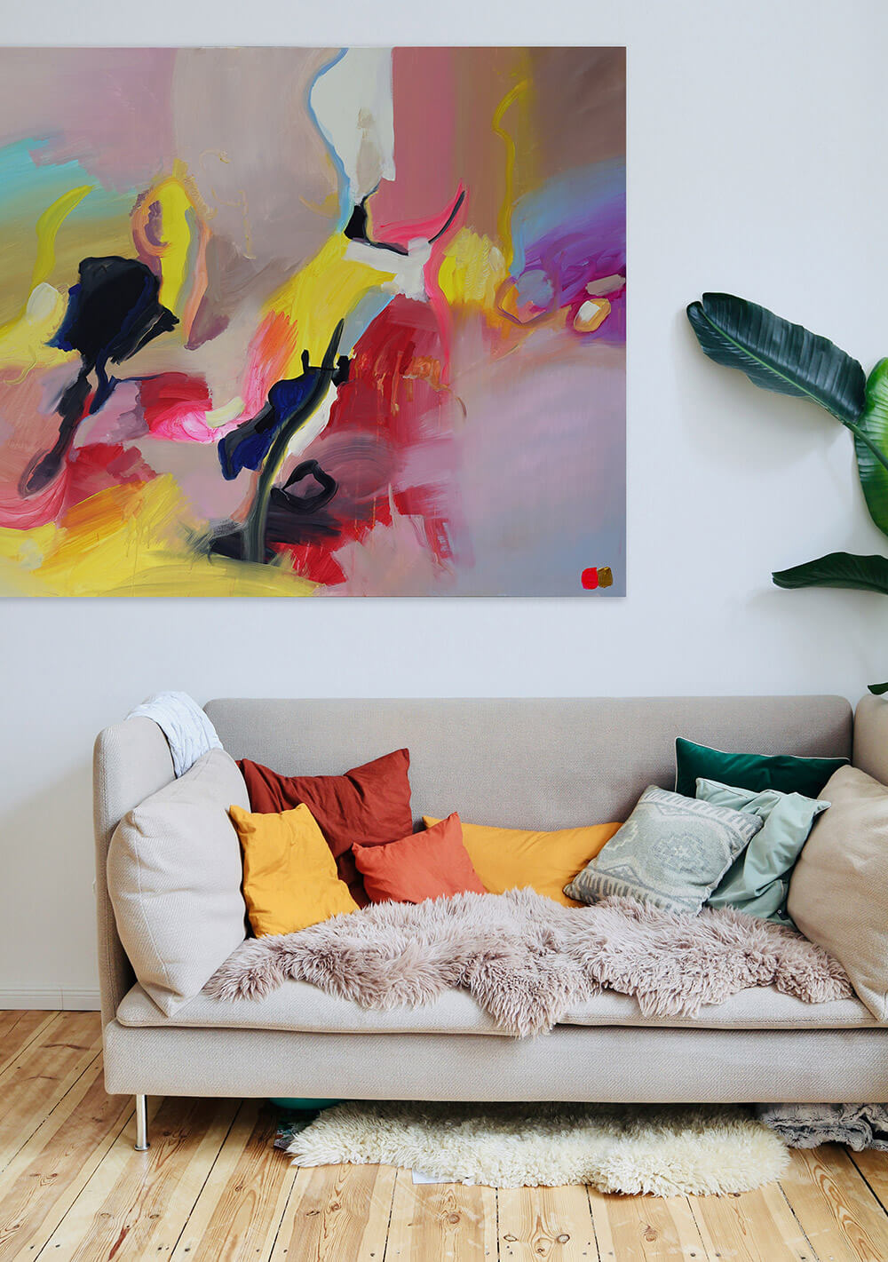 Tukan Laughter – abstraktes Gemälde Pink Gold, Acryl auf Leinwand 100x120 cm
